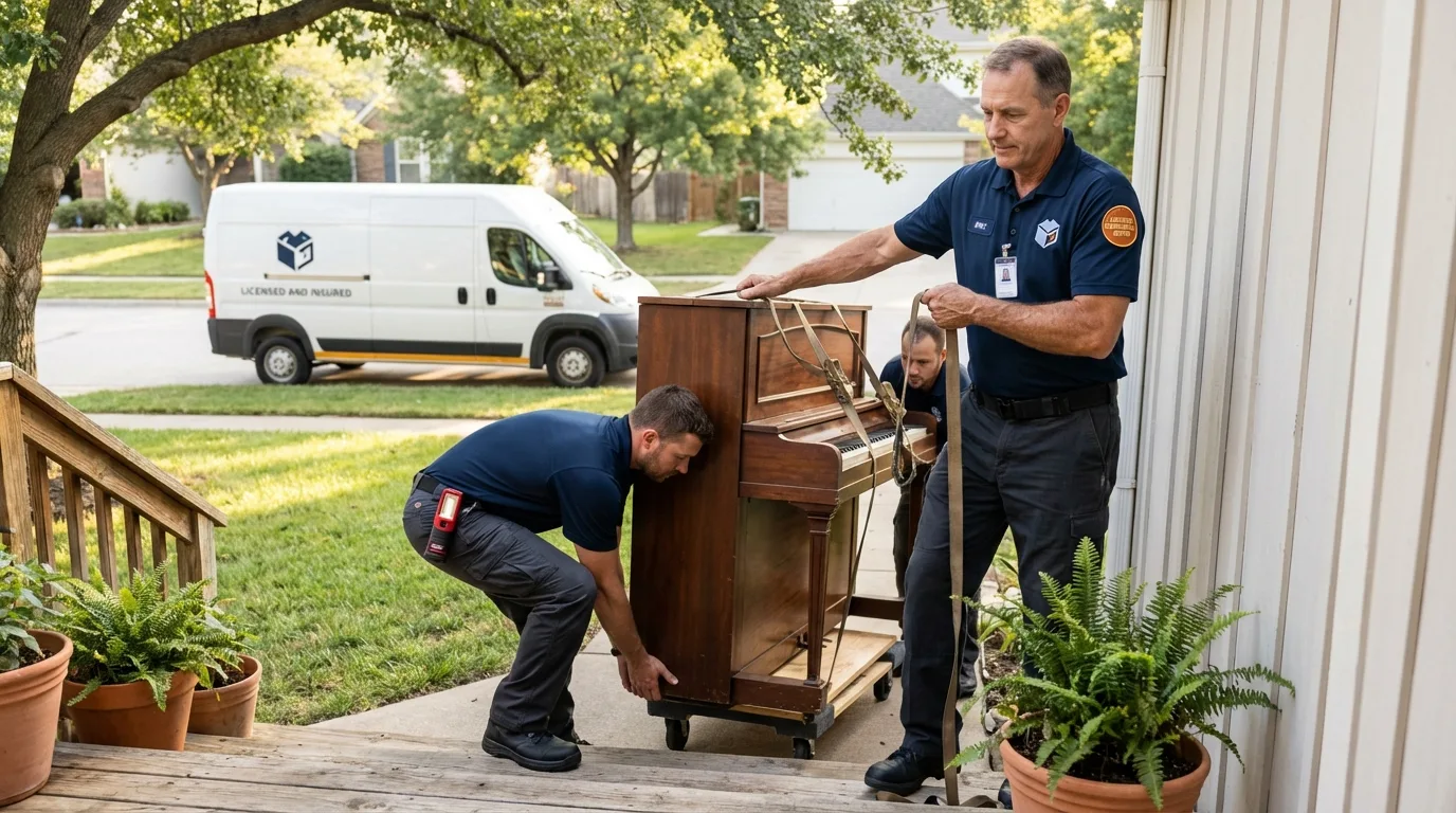 Licensed piano movers securing grand piano in Coleraine, MN