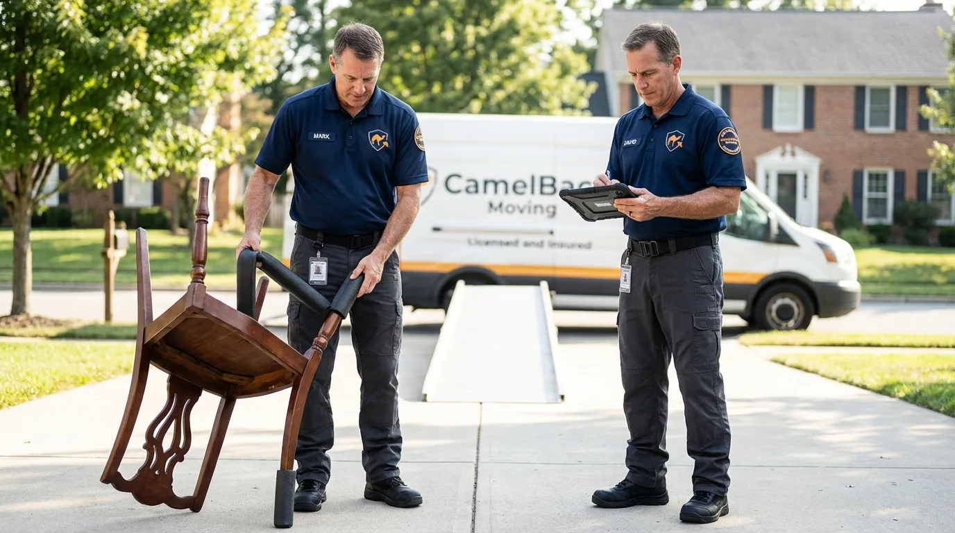 Movers inspecting furniture for damage prevention before loading in Coleraine, MN