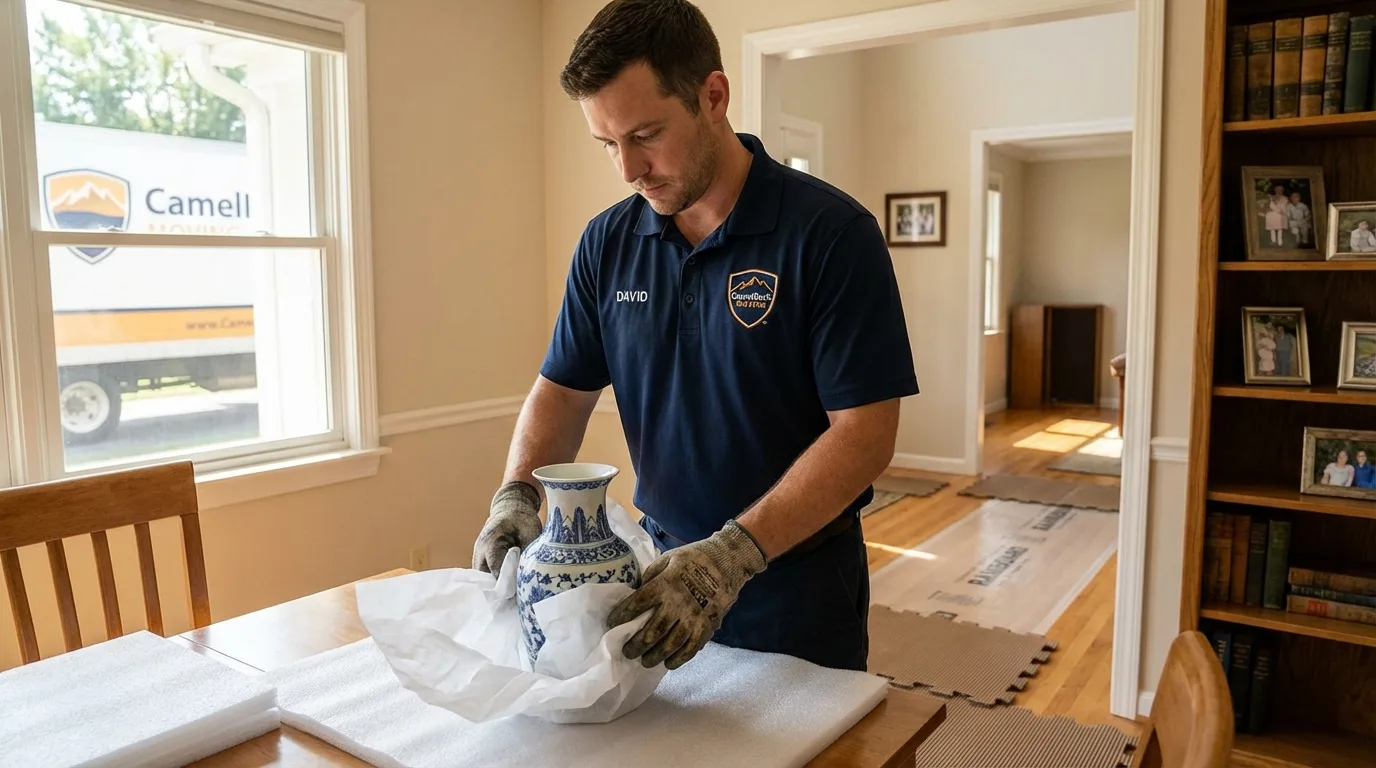 Professional crew carefully wrapping antique vase for senior downsizing move in Coleraine, MN